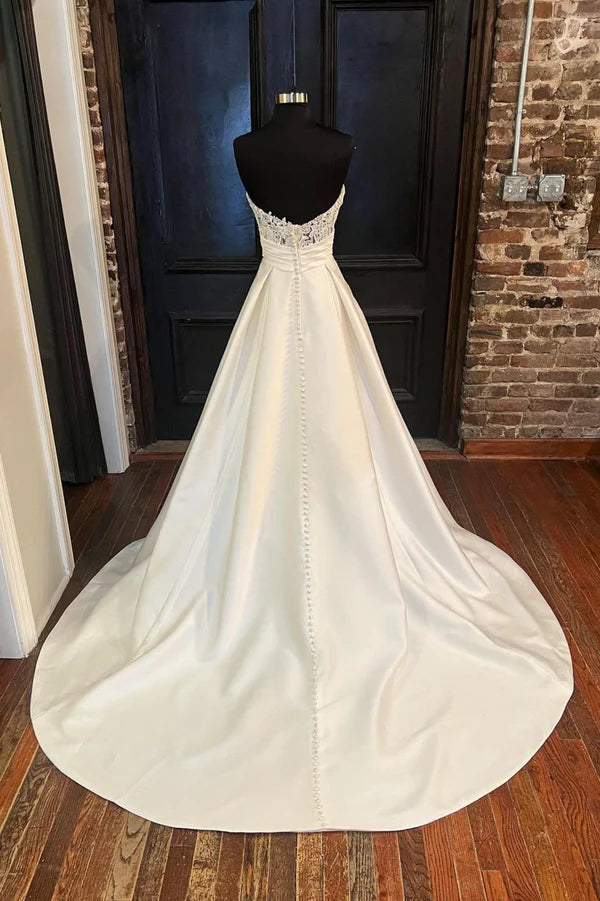 Wholesale White Satin Long A-Line Prom Dress White Sweetheart Neck Formal Dress
